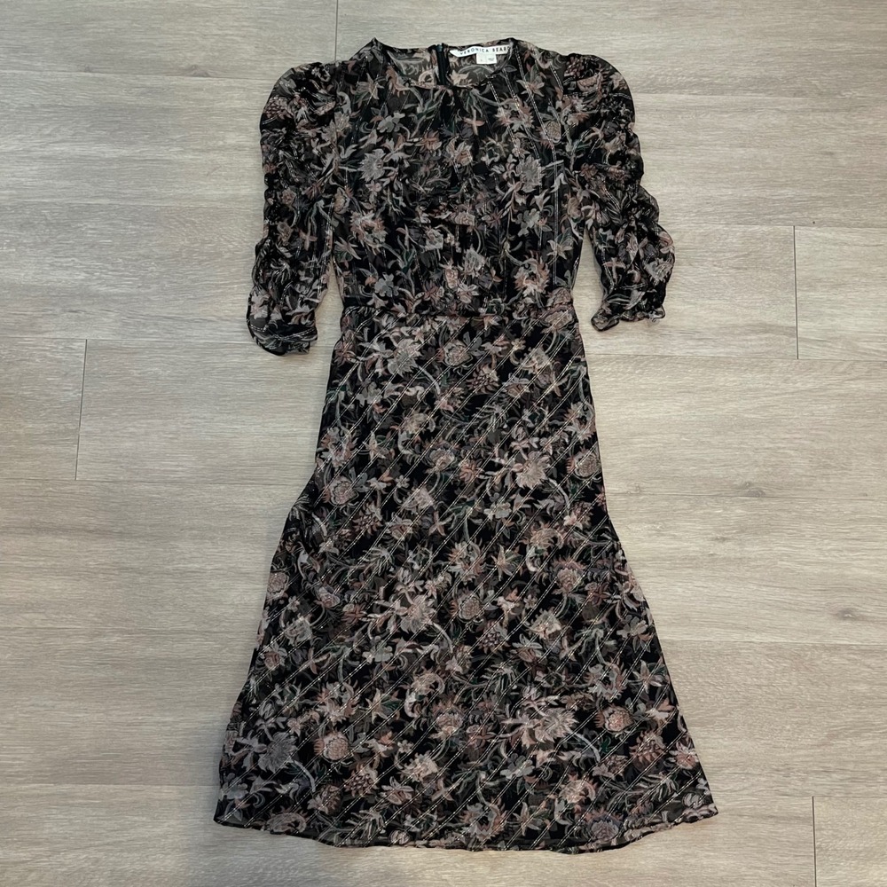 Veronica Beard Mitjana Floral Silk Dress Size 0 Black Ruched Sleeve Midi Chic - Picture 3 of 16